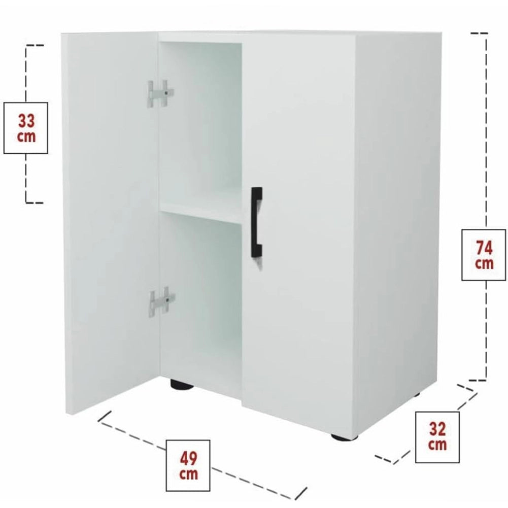 Mobile Multiuso con 2 Ante e 2 Ripiani in Legno Bianco Maniglie Nere 49x32x74cm