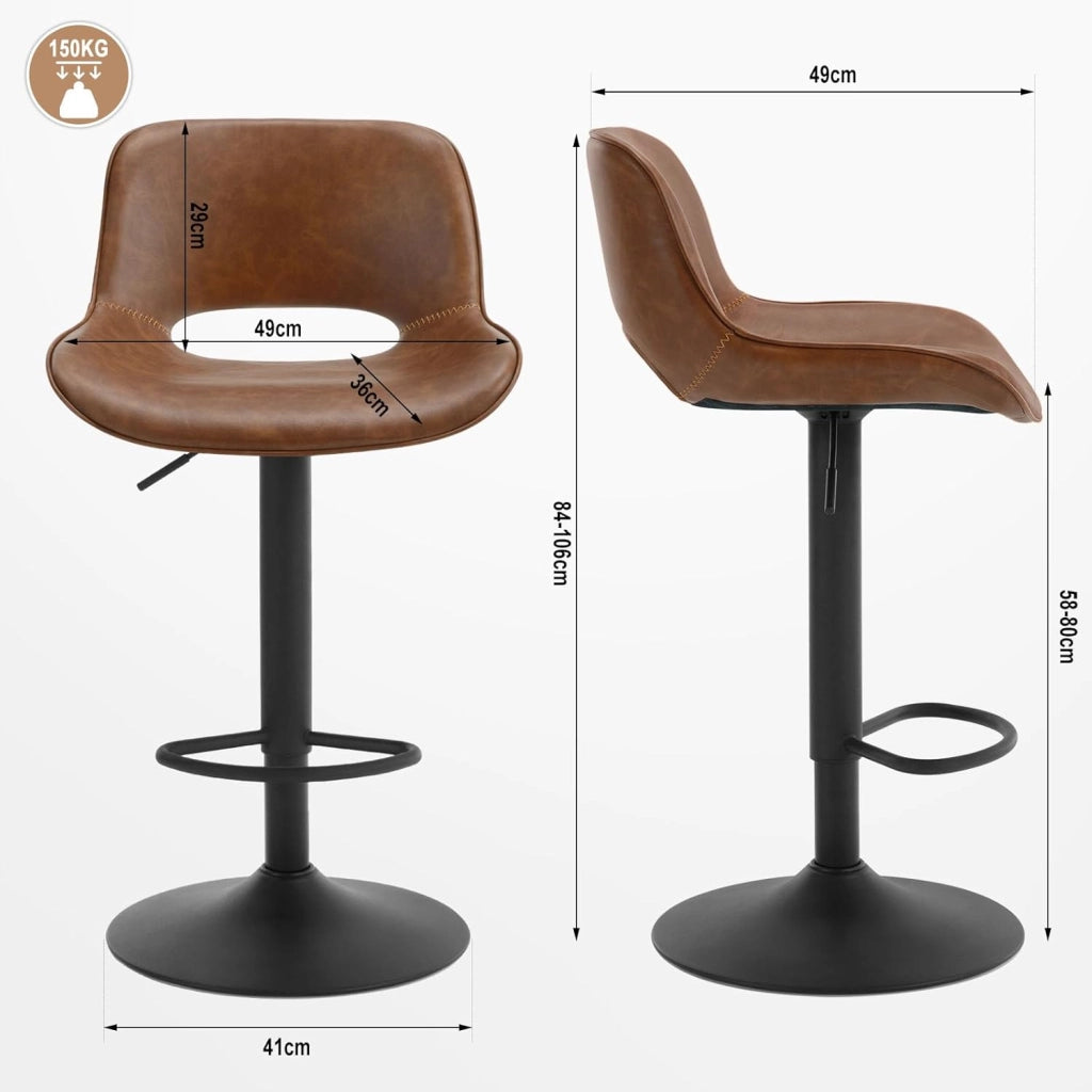 Sgabello da Cucina, Sedia da Bar in PU, Sgabello Altezza Regolabile, con Schienale, Seduta Imbottita Girevole a 360°, per Bistrot, Cucina, Pub, Base in Metallo, Marrone