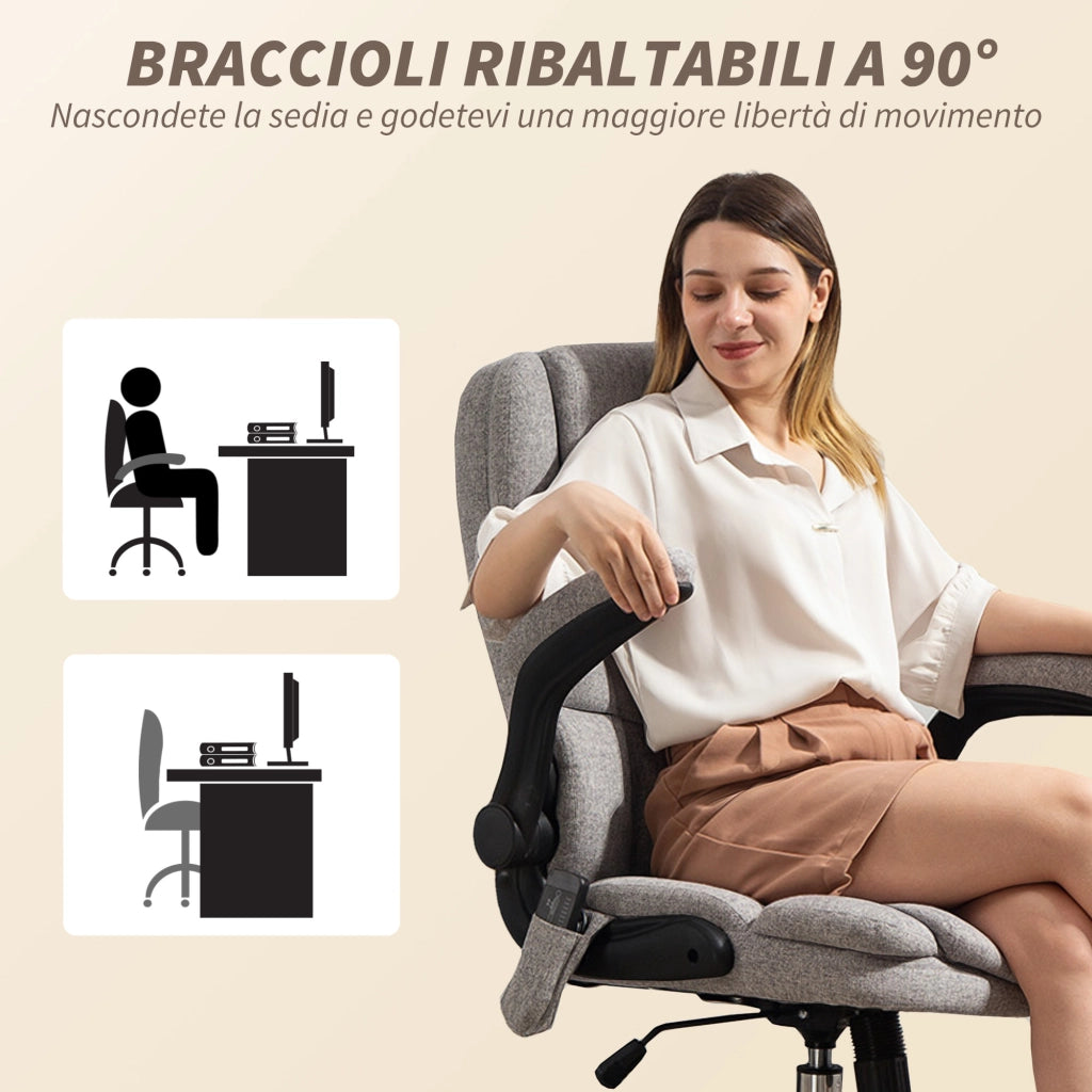 Sedia da Ufficio Operativa Massaggiante a 4 Punti con Riscaldamento e Braccioli Ribaltabili  in Tessuto Effetto Lino