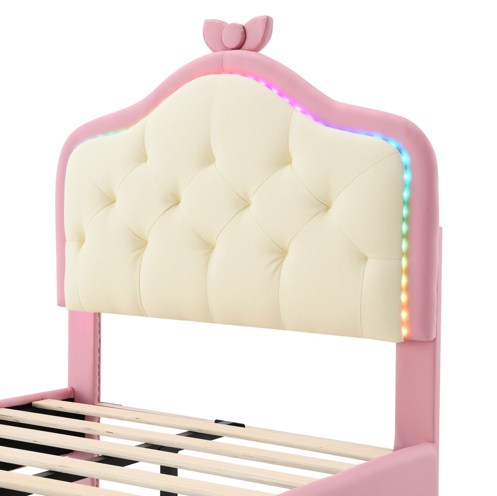 Letto imbottito 90x200 cm con LED e fiocco in PU bianco e rosa