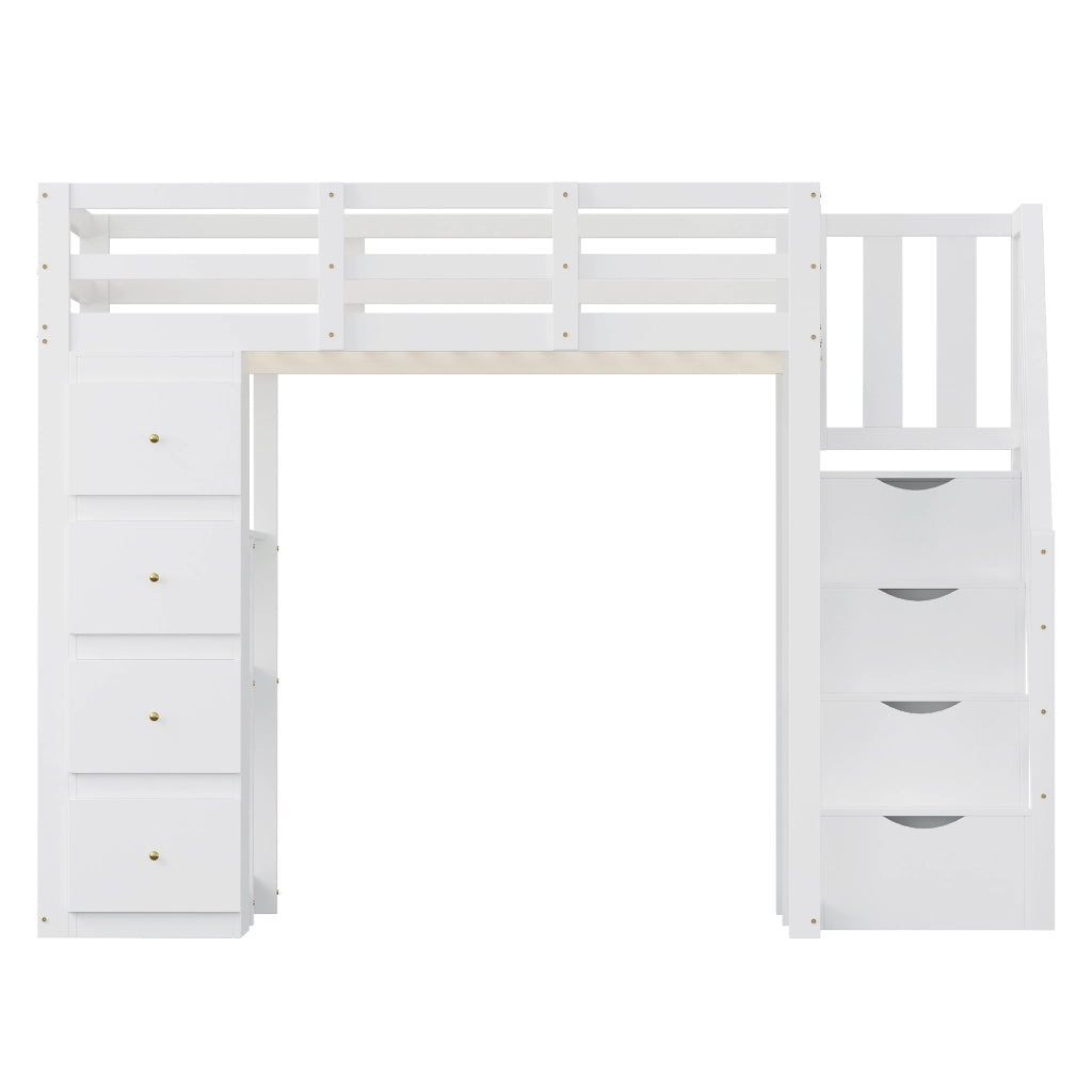 Letto a soppalco 140 x 200 cm, 4 cassetti, mensola, letto per bambini, in MDF, bianco