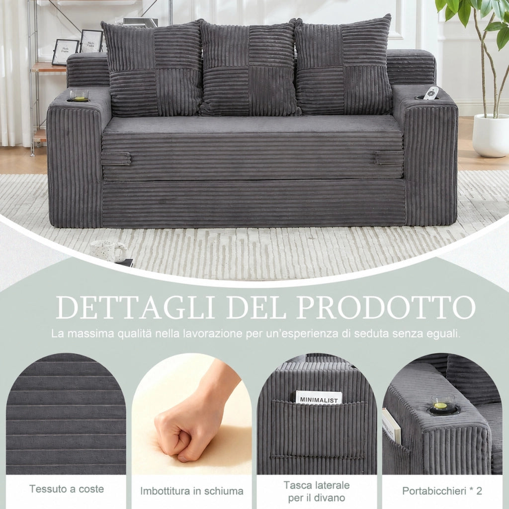 Divano modulare tre posti grigio in velluto a coste con portabicchieri e tasche laterali