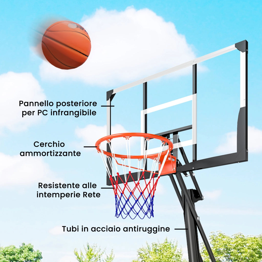 Canestro da Basket per Esterni con Base Riempibile, in Acciaio, PE e PC, 120x120x245-305 cm