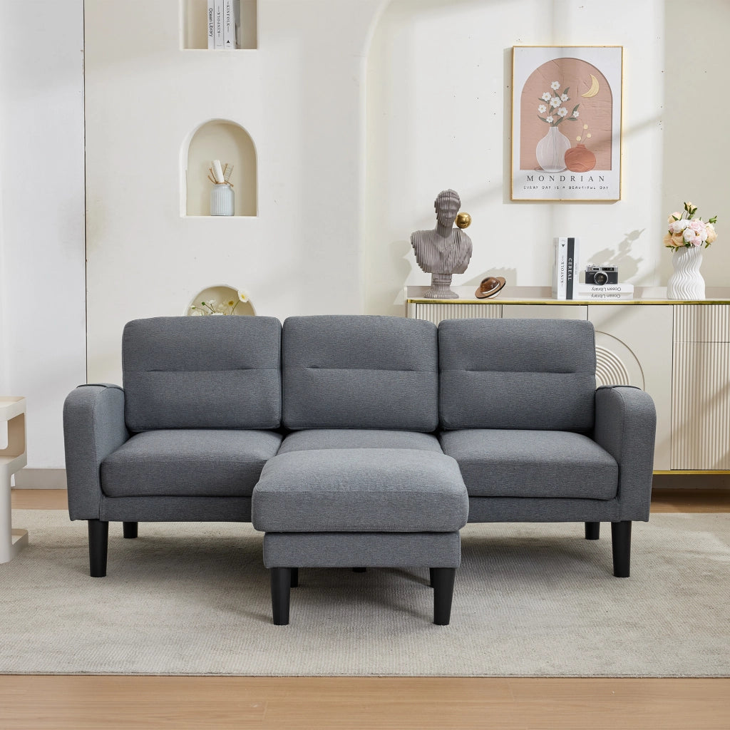 Divano angolare 3 posti modulare con chaise longue e tasche laterali in tessuto grigio