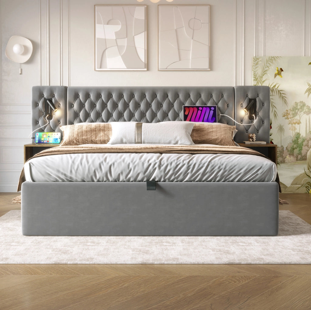 Letto matrimoniale 160x200 cm con contenitore; 2 comodini; luci lettura; USB e Type-C; grigio