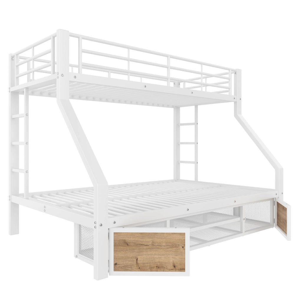 Letto a castello in metallo con scarpiera, cassetti e LED, 90x200+140x200 cm, bianco