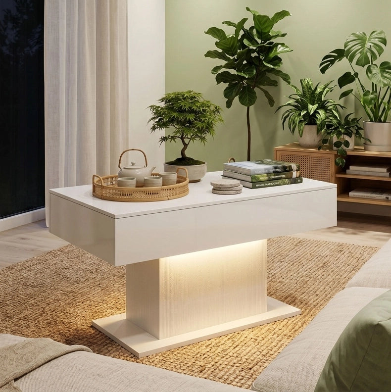 Tavolino da caffè con luci LED RGB; 2 cassetti; finitura lucida; legno ingegnerizzato; bianco
