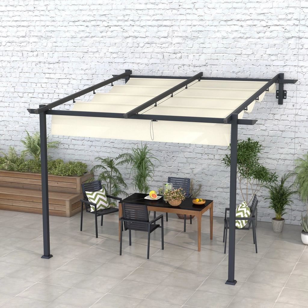 Gazebo da giardino 3x3m ¨C zephmum ¨C telaio in metallo, tetto retrattile, colore bianco crema