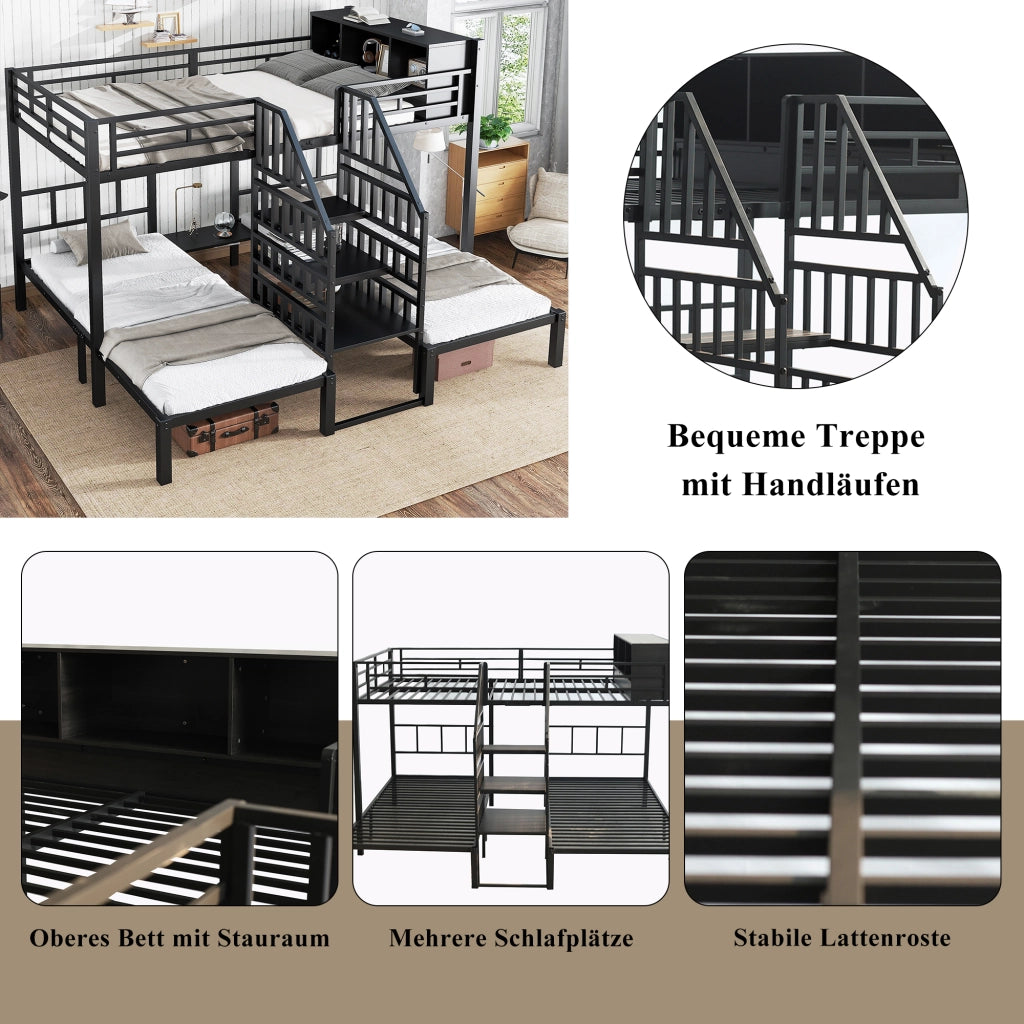 Letto a Castello 90x200 cm e 140x200 cm; 3 Posti; Scala con Corrimano e Contenitore