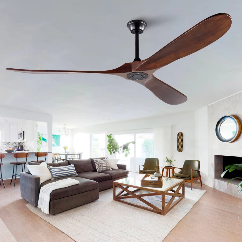 Ventilatore a soffitto senza luce con telecomando; 6 velocità; nero e noce scuro