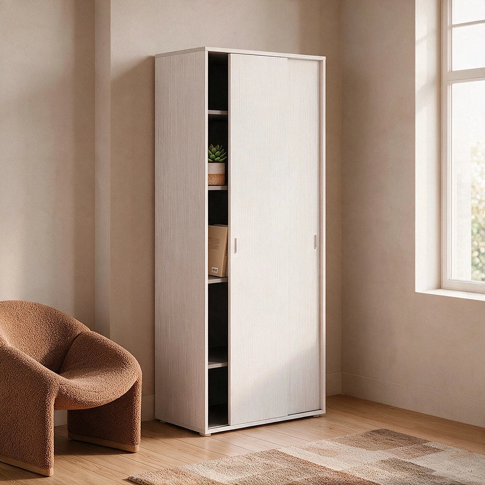 Armadio due ante scorrevoli 90x43x212h con ripiani colore bianco frassinato