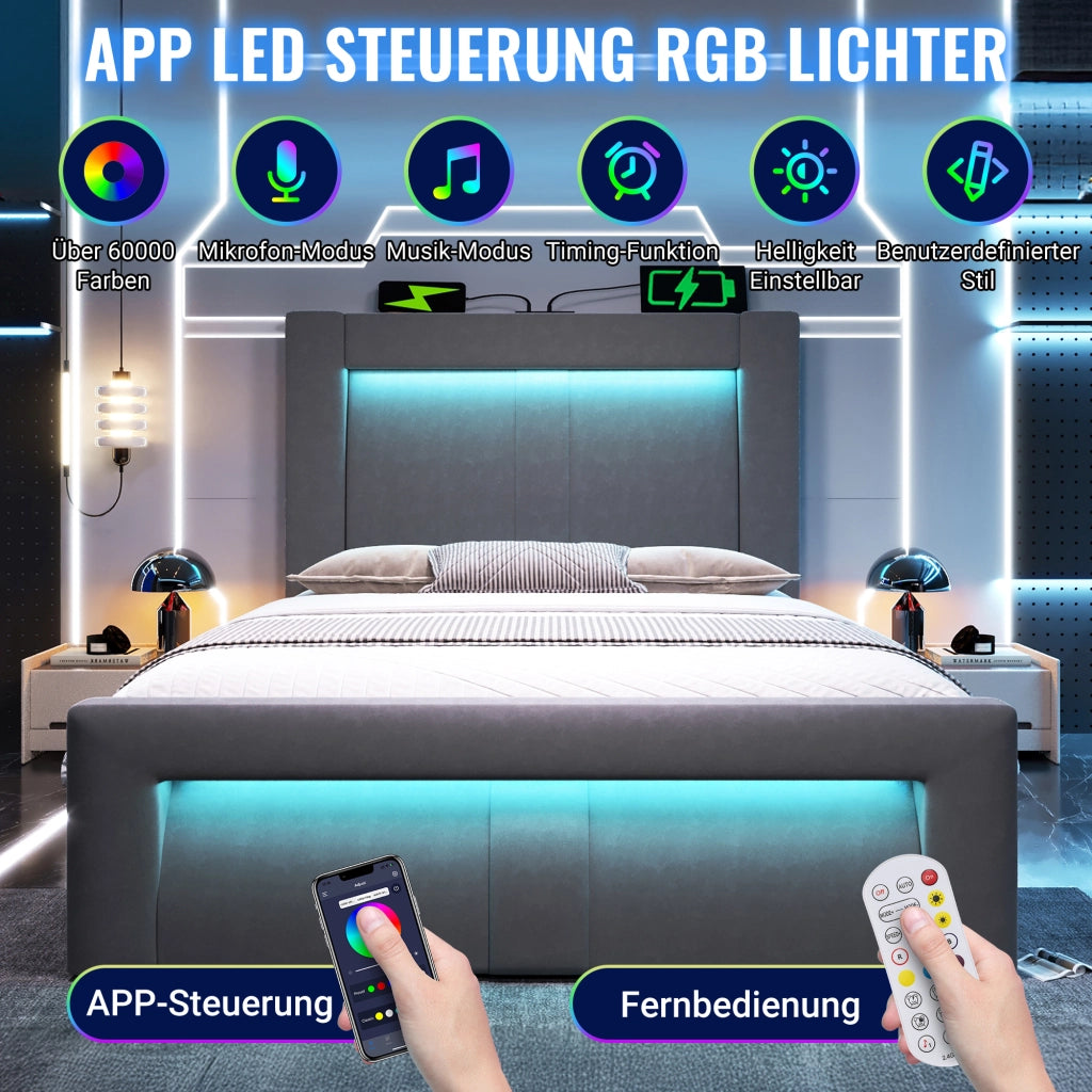 Letto imbottito idraulico con luci LED e porta USB 90x200 cm velluto grigio