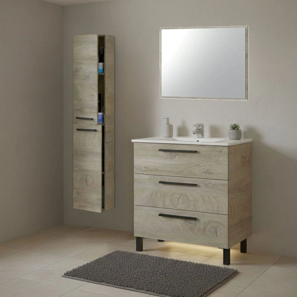 Corbola, set Mobili Bagno Specchio Incluso, Marrone Quercia
