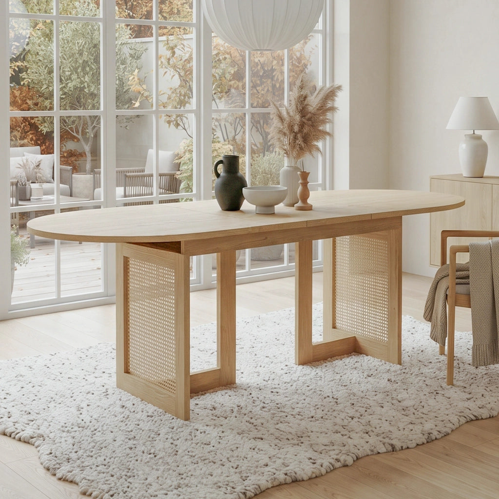 Tavolo da pranzo allungabile per 6-8 persone con bordi arrotondati, gambe effetto rattan, in MDF, rovere