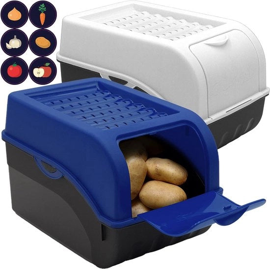 Set di conservazione delle patate, blu scuro e bianco, set da 2, contenitore per verdure, contenitore per patate con coperchio per circa 4 kg di patate + 6 etichette con tipi di verdure