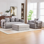 Set divano modulare ULEVR 200x190x67 cm con pouf, tasca laterale e 3 cuscini, in velluto a coste grigio chiaro