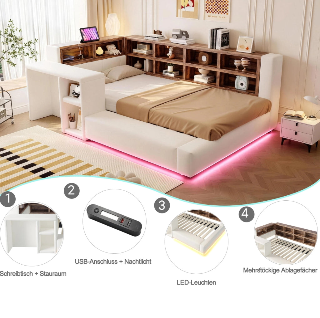 Letto singolo imbottito 90x200 cm con LED; prese e vani in velluto beige