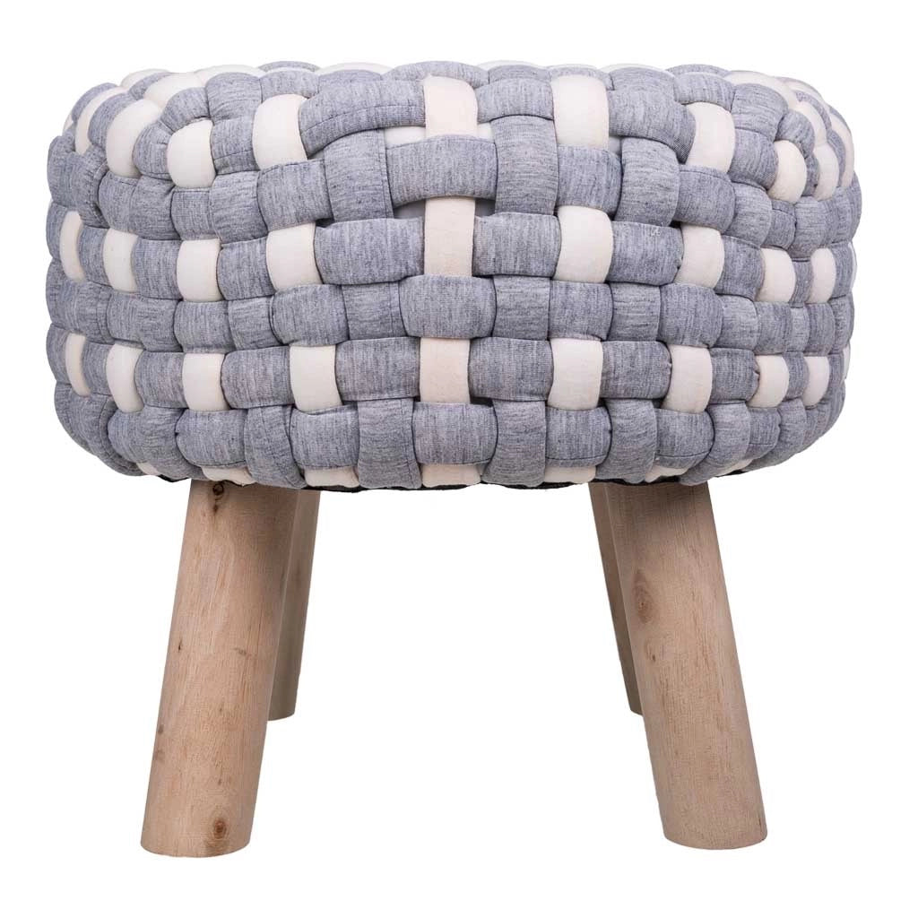 Sgabello grigio in cotone intrecciato e legno 40x40x36h