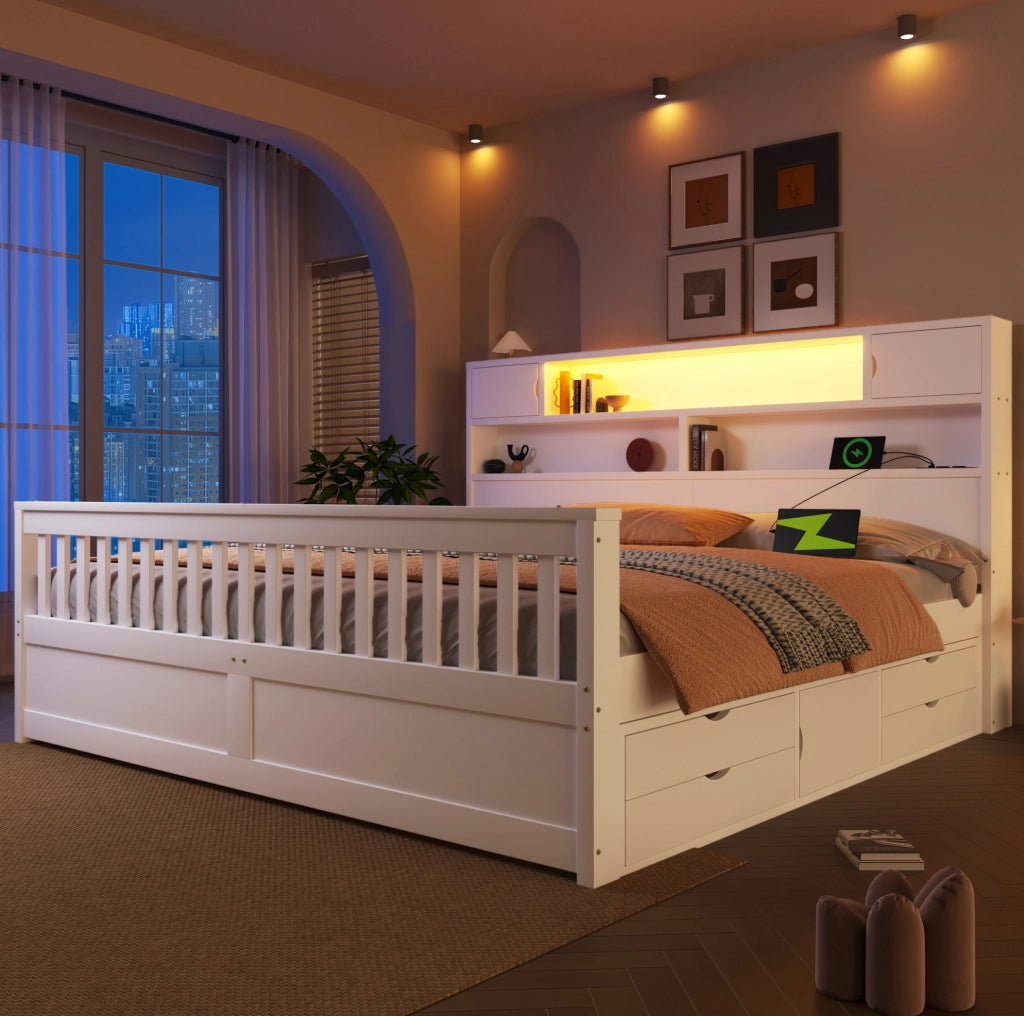 Letto matrimoniale 180x200 cm con LED, testiera contenitiva e 4 cassetti