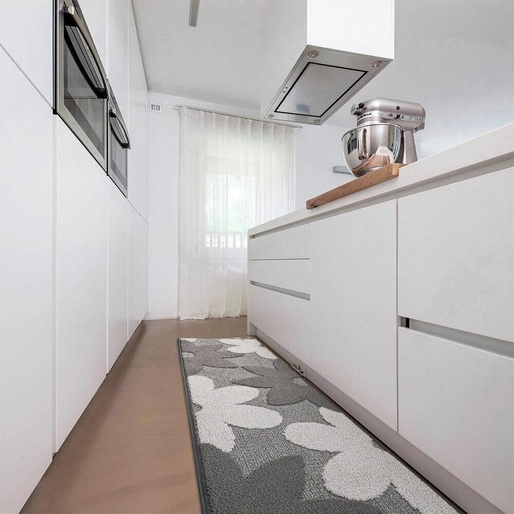 Tappeto Cucina 3D Fiore 57x230 cm Tridimensionale Morbido Moderno Passatoia Antiscivolo Grigio