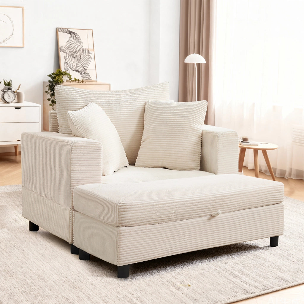 Chaise longue con contenitore e cuscini in tessuto a coste beige in metallo e legno 107 × 74 × 57 cm