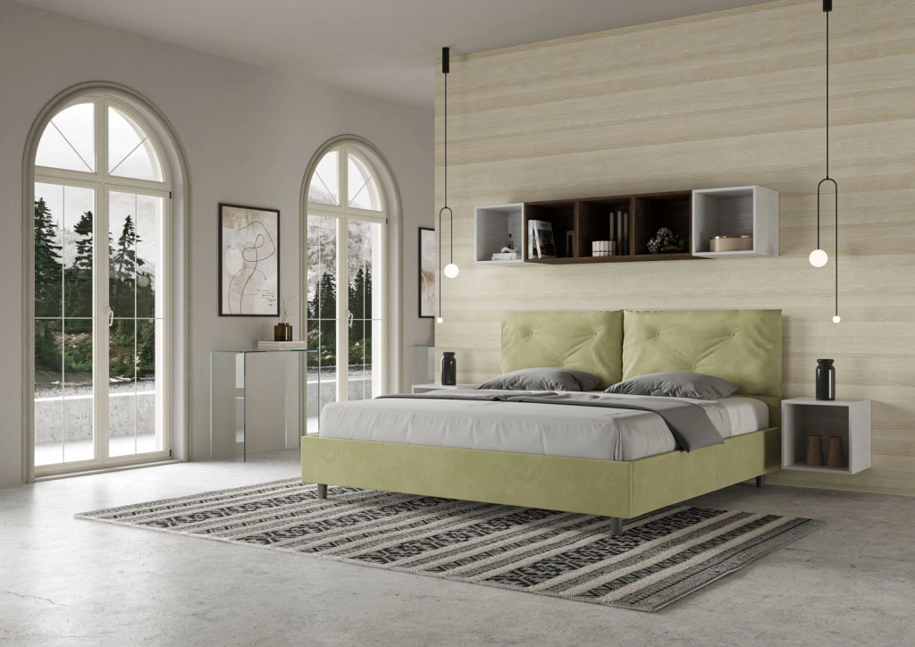 BS COM Letto matrimoniale king size con rete imbottito 190x190 microfibra tè verde Large