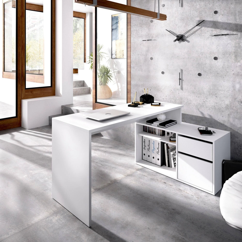Scrivania Andor, Scrittoio multiposizione da ufficio o cameretta, Tavolo da studio angolare multiuso, 139x92h75 cm, Bianco