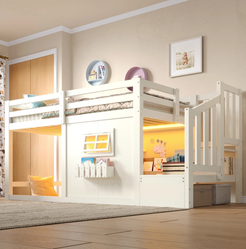 Letto a soppalco 90 x 200 cm con scala contenitore; LED e finestra; pino e MDF bianco