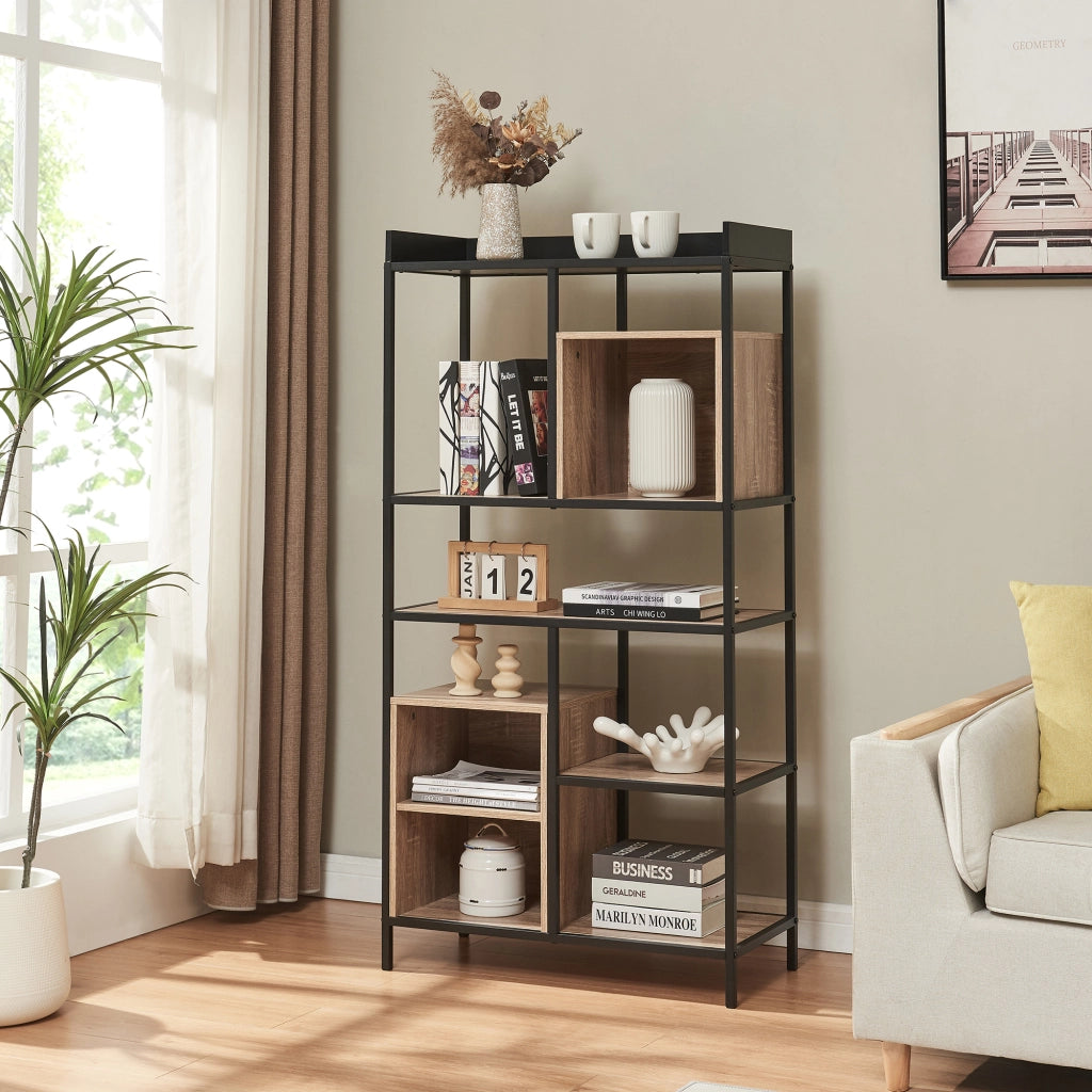 Libreria Belana Scaffale da Terra con Scomparti Aperti 137 x 70 x 33 cm - Nero/Effetto Rovere [en.casa]