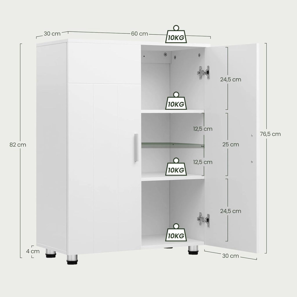 Armadietto da Bagno con Ripiani Regolabili, Mobiletto Multiuso con 3 Scomparti, Maniglie e Ante, Organizzatore per Cucina, Ingresso, Soggiorno, in MDF e Metallo, Bianco