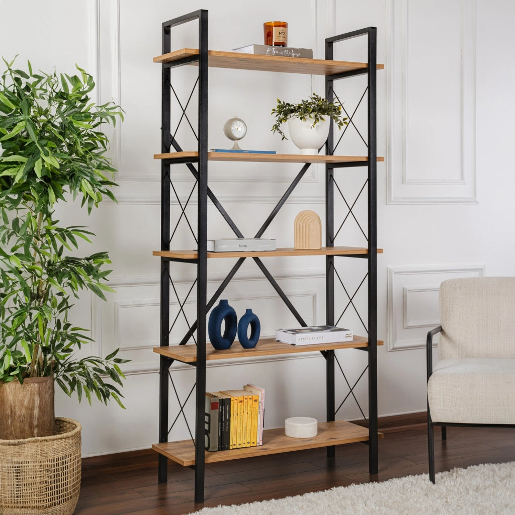 Libreria in legno "Elysian" - 90 x 33 x 180 cm - Pino Atlantico Nero