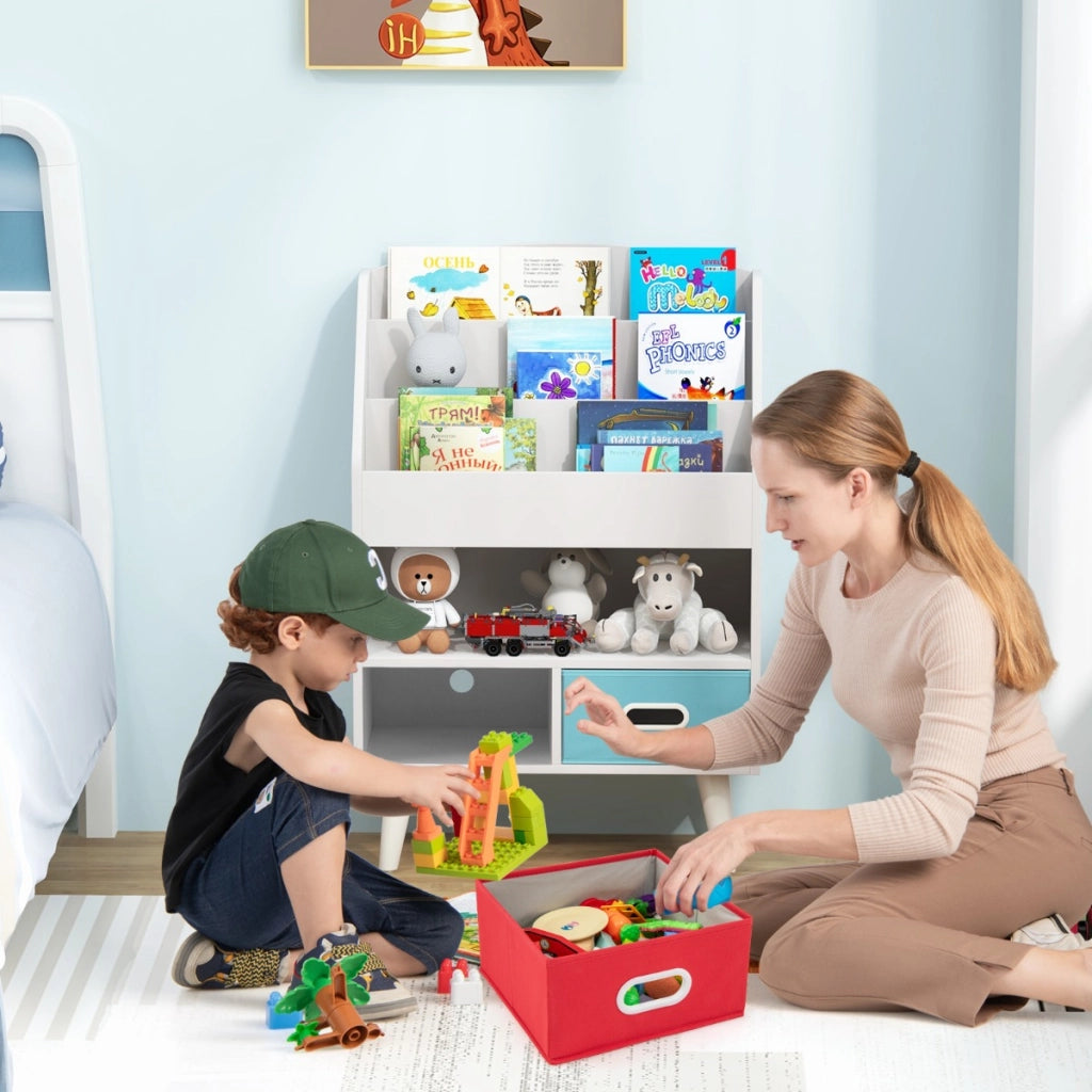 Libreria per bambini con libreria a 3 ripiani scomparto aperto e 2 cassetti in tessuto pieghevoli, Scaffale in legno Bianco