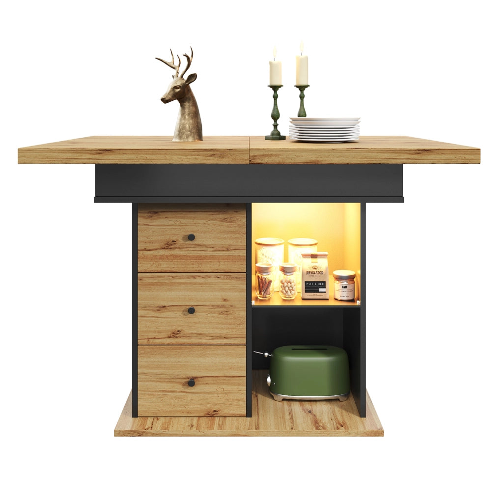 Tavolo da pranzo allungabile con LED, USB e vano contenitore 110-140x80 cm