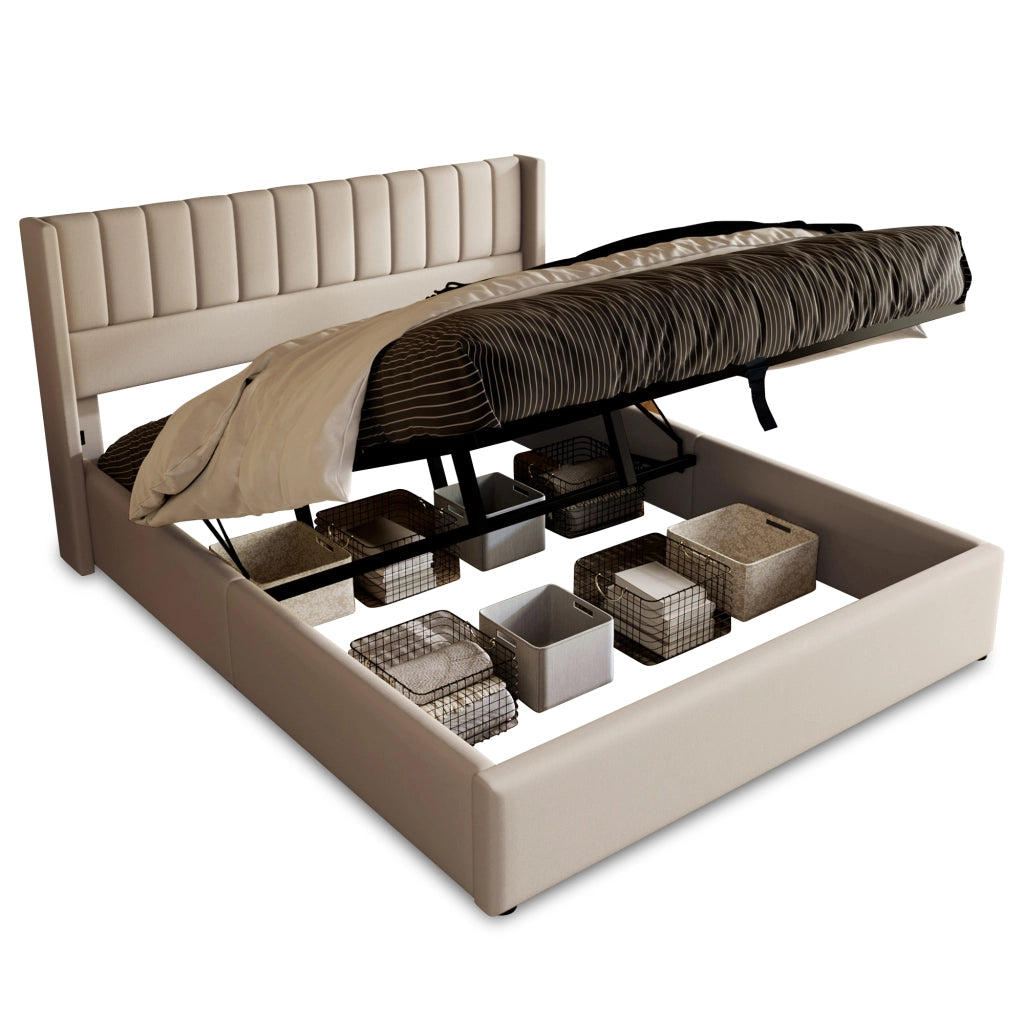 OKWISH Letto Contenitore 160×200 cm, Letto Matrimoniale con Contenitore Idraulico e Testiera Imbottita, senza Materasso, in Lino, Beige