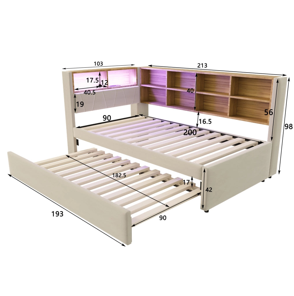 Divano letto singolo con letto estraibile, LED e USB, beige