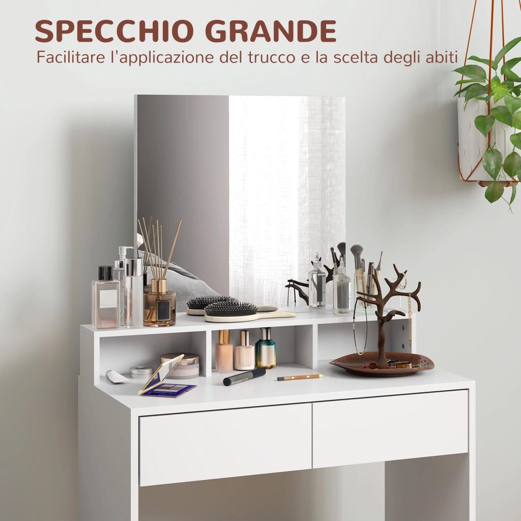 Tavolo da trucco con specchio, 3 ripiani, 2 cassetti e sgabello ¨C zephmum ¨C Legno, Bianco, 75x38x135 cm