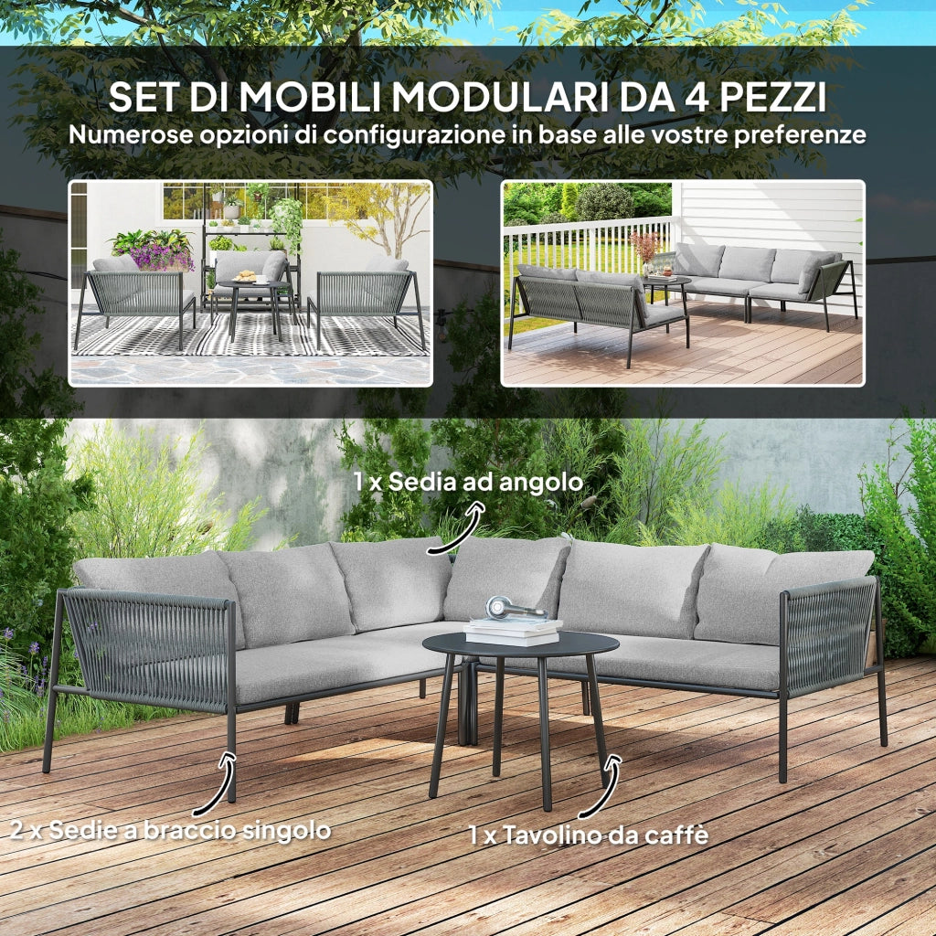 Salotto da Giardino con Divano Angolare Modulabile e Tavolino da Caffè in Rattan Grigio