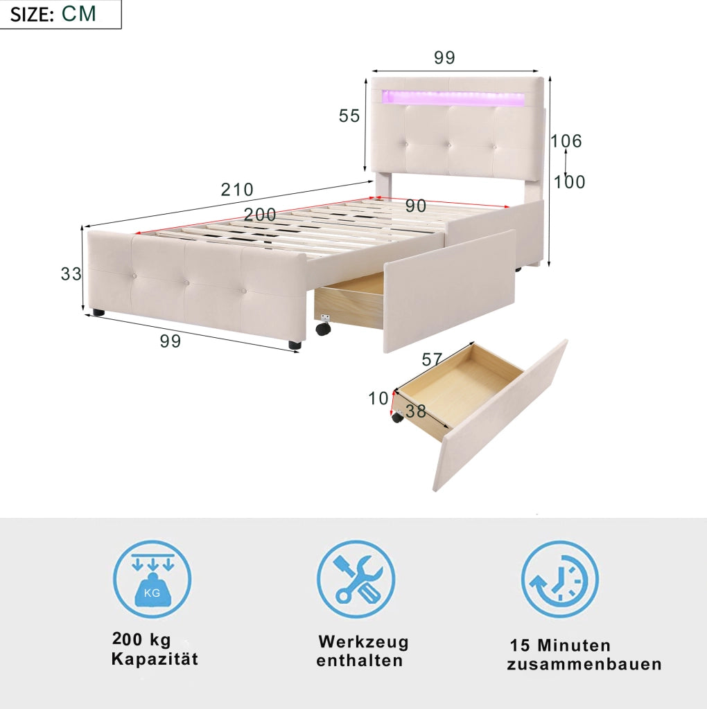 Letto imbottito matrimoniale 90x200 cm con LED e 2 cassetti; beige