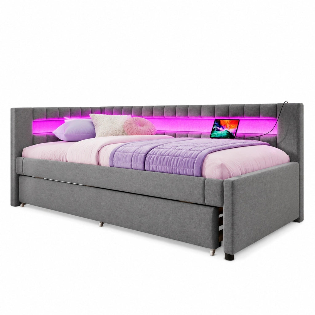 Letto da giorno 90x200 cm con letto estraibile, LED e USB-C