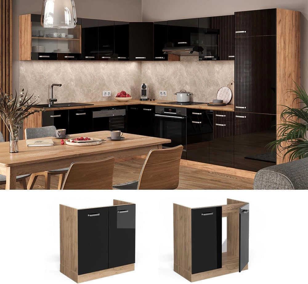Mobile lavello cucina R-Line, Nero lucido, 80 cm senza piano di lavoro, per la libera combinazione all'interno di sistemi cucina modulari
