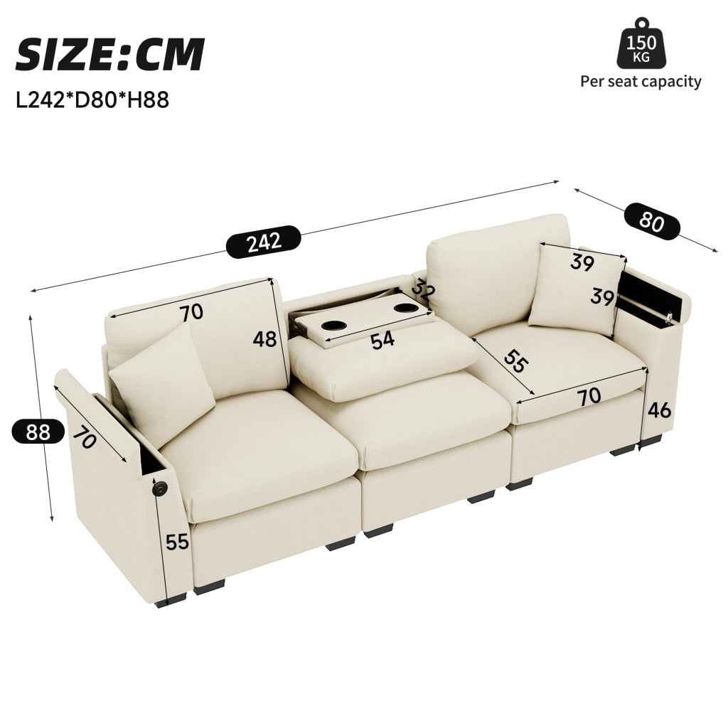 DIVANO 3 POSTI Modulare 242x80x88 cm Chenille Beige