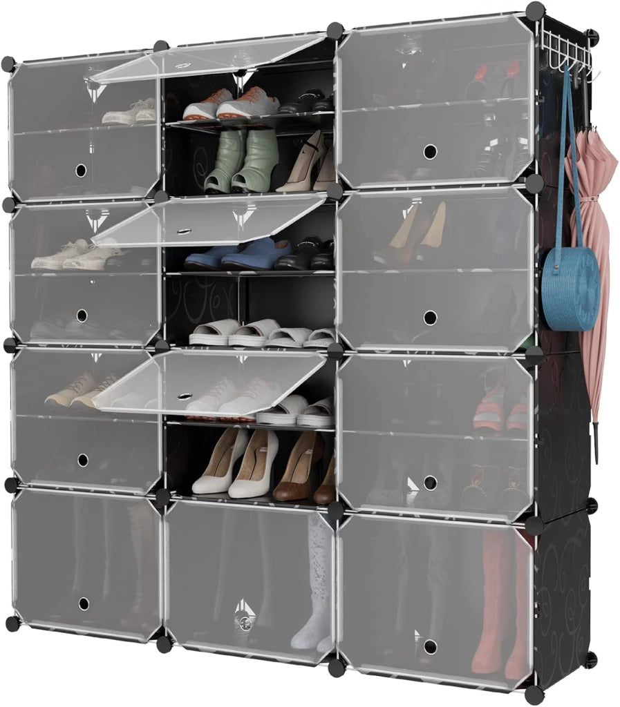 Scatola per scarpe con 12 cubi con ripiano rimovibile, mobile da 48 paia, 5 ganci da appendere, 12 ante 124 x 32 x 125 cm, per corridoio, ingresso, soggiorno, nero (Nero)