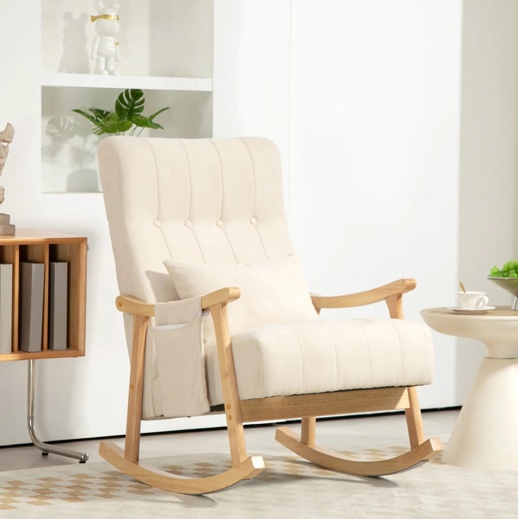 Poltrona a dondolo 65x90x98 cm con tasche laterali e cuscino lombare in poliestere beige