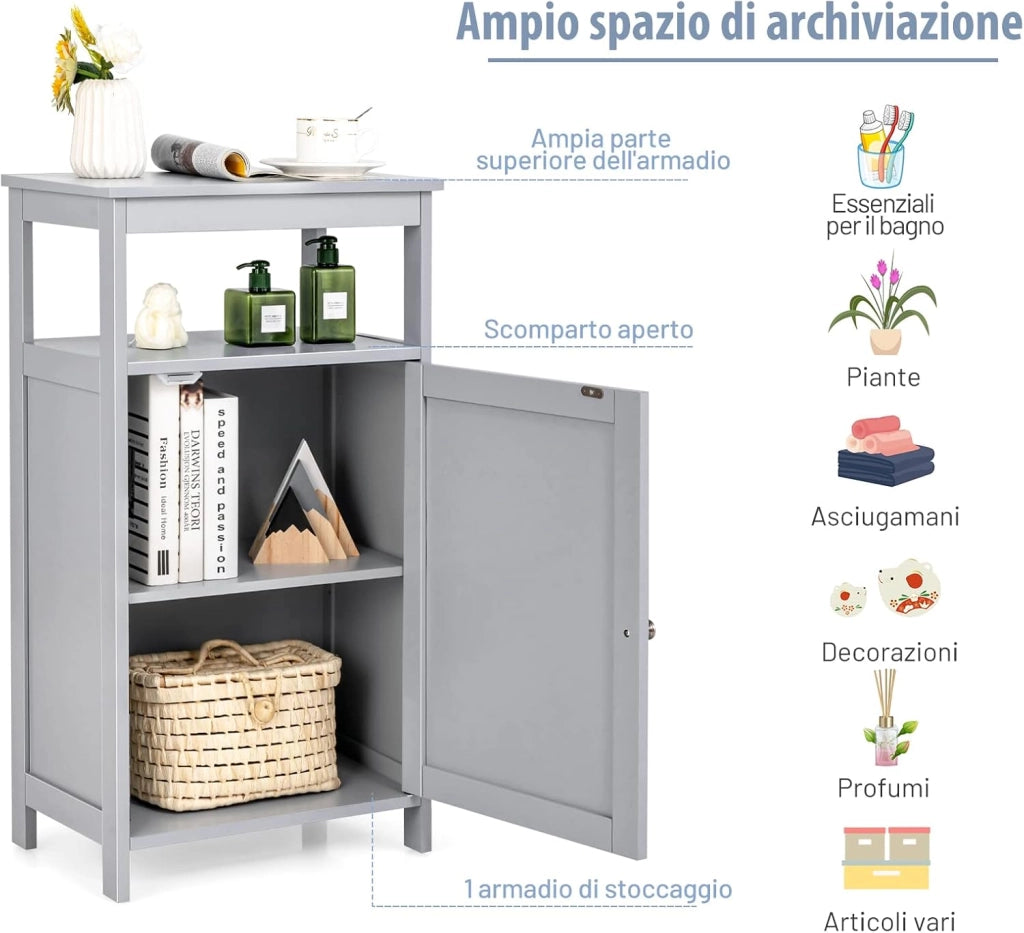 Armadietto del Bagno, Armadio Multifunzionale con Anta Singola e Mensola Regolabile, Organizer Moderno di Legno per Casa Ufficio e Hotel, 45 x 30 x 84 cm (Grigio)