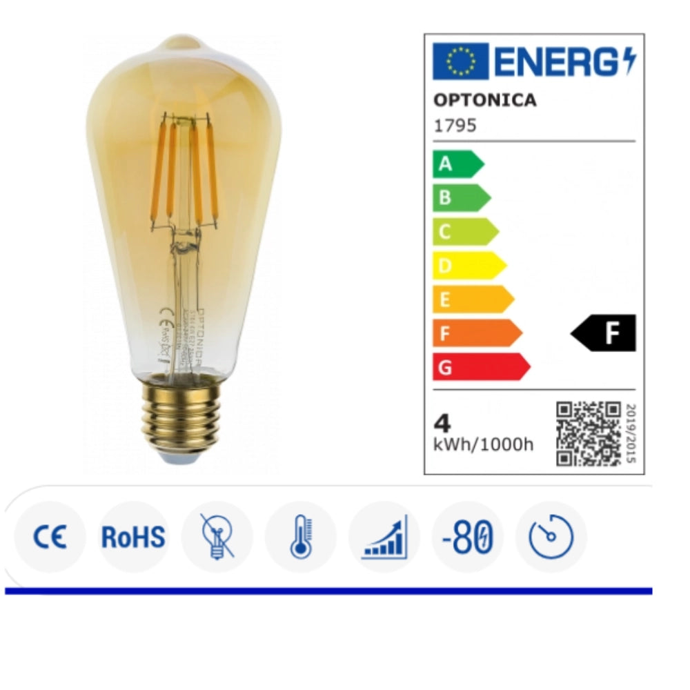 Lampadina optonica led attacco e27 2800 k luce calda vetro dorato *** potenza 4w, confezione 1