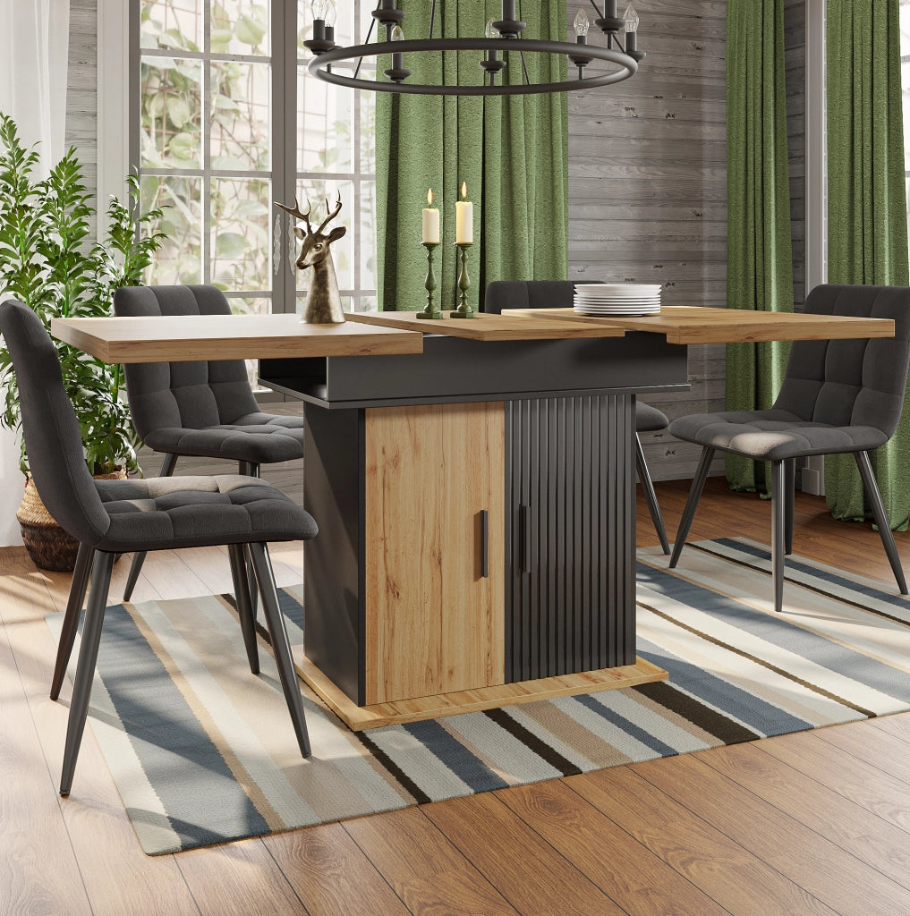 Tavolo allungabile 110-140x80x75 cm con contenitore; MDF nero e naturale
