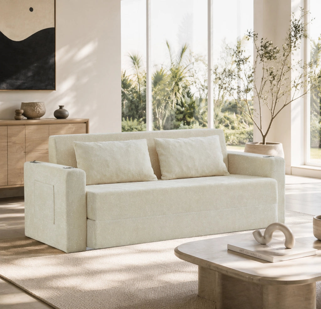 Divano letto a 2 posti con funzione letto, USB, portabicchieri e tasche laterali in morbida chenille beige