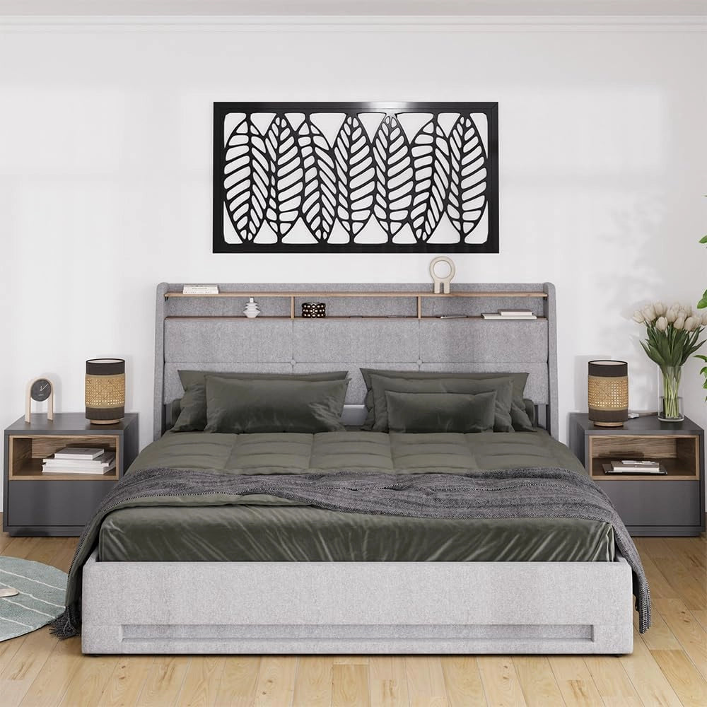 Letto imbottito Christin, Grigio/quercia, 180x200 con LED e porta USB