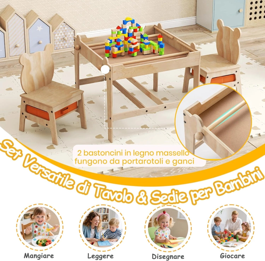 4 in 1 Set Tavolo e Sedie per Bambini 3+ Anni, Tavolo in Legno con Lavagna Reversibile Bianca e Nera, Sedie Ergonomiche con 2 Cassetti Portaoggetti, Ideale per Arti, Mestieri e Giochi (Panda)