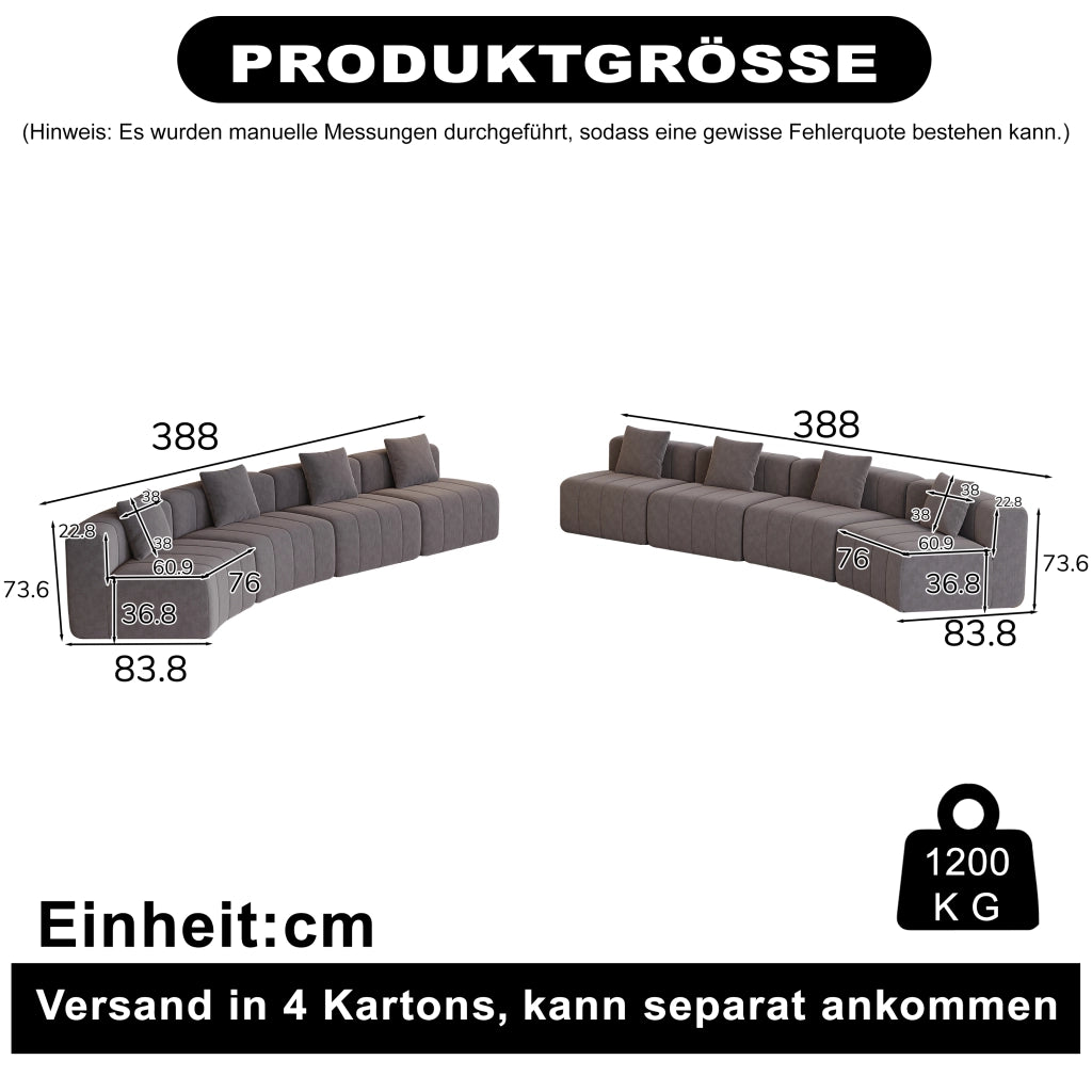 Divano modulare curvo - con 2 cuscini e design semicircolare - in ciniglia - grigio